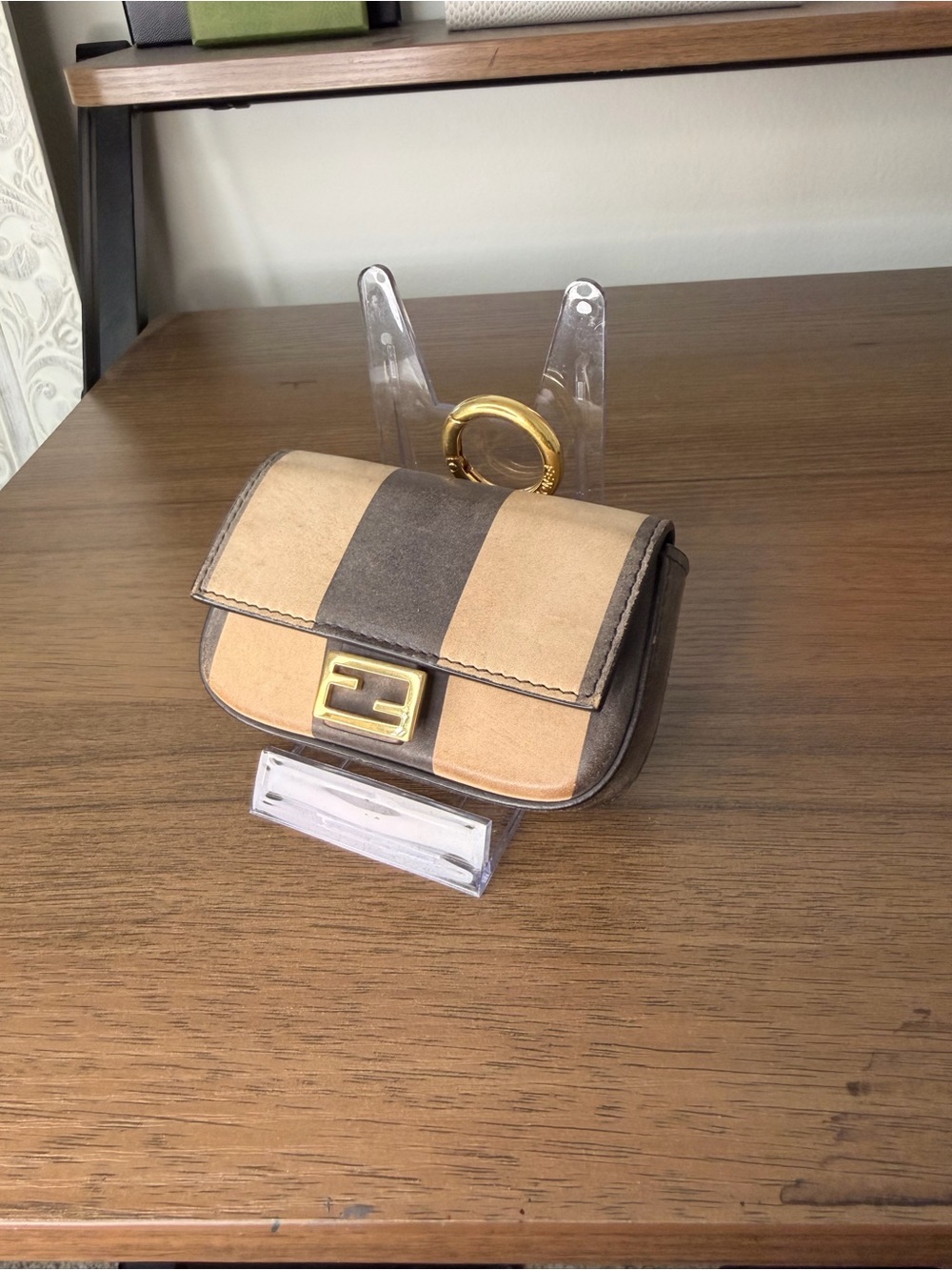 AUTHENTIC - Fendi Tan and Brown Pequin Nano Charm Bag